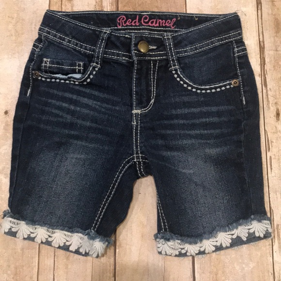 Red Camel Denim Bermuda Shorts Lace Hem 
